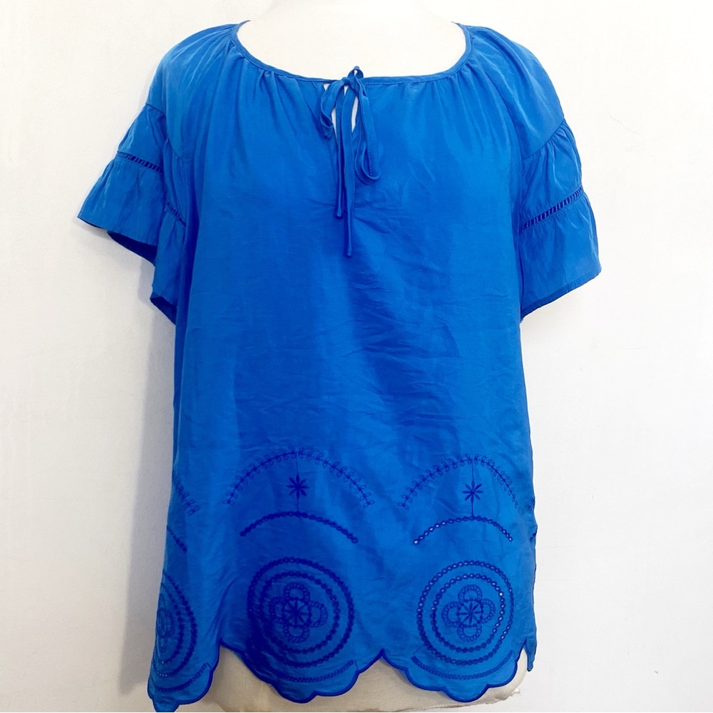Rose+Olive Boho Blue Embroidered Bell Sleeve Peasant Style Women's Top 1X